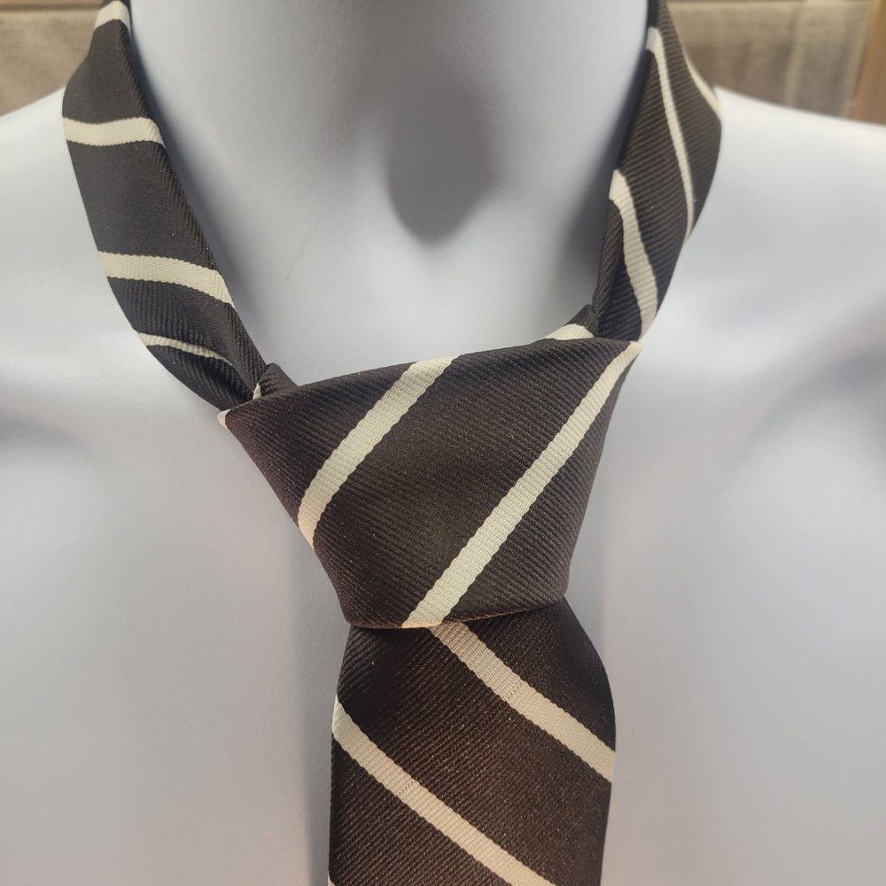 VINTAGE BEAU BRUMMELL TIE 100% POLYESTER NECKTIE BROWM STRIPED